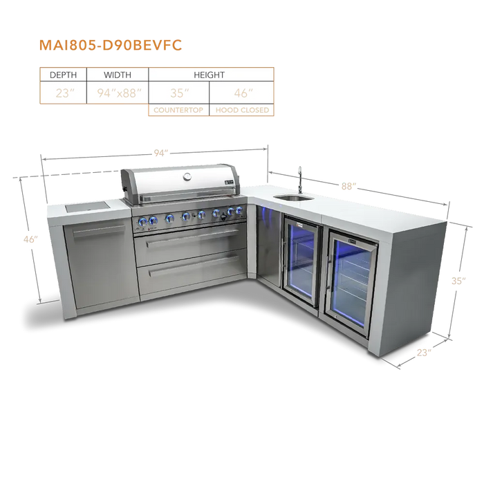 Mont Alpi Mont Alpi 6 Burner L-Shaped Deluxe Series Outdoor Kitchen Island with Beverage Center and Fridge Cabinet MAi805-D90BEVFC Barbecue Finished - Gas