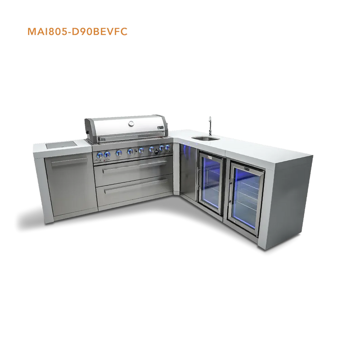 Mont Alpi Mont Alpi 6 Burner L-Shaped Deluxe Series Outdoor Kitchen Island with Beverage Center and Fridge Cabinet MAi805-D90BEVFC Barbecue Finished - Gas