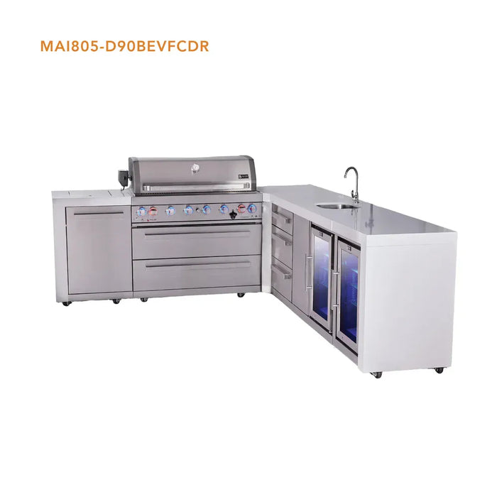 Mont Alpi Mont Alpi 6 Burner L-Shaped Deluxe Series Outdoor Kitchen Island with Beverage Center, Fridge Cabinet, and Extra Drawer Slides Cabinet MAi805-D90BEVFCDR Barbecue Finished - Gas