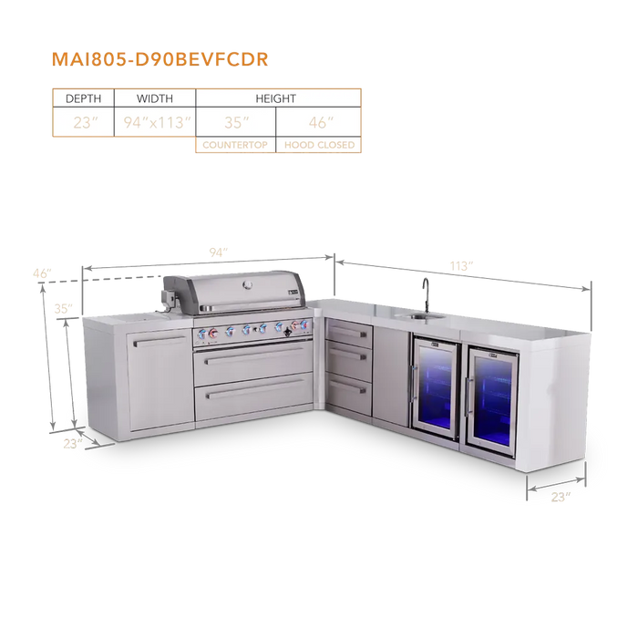 Mont Alpi Mont Alpi 6 Burner L-Shaped Deluxe Series Outdoor Kitchen Island with Beverage Center, Fridge Cabinet, and Extra Drawer Slides Cabinet MAi805-D90BEVFCDR Barbecue Finished - Gas