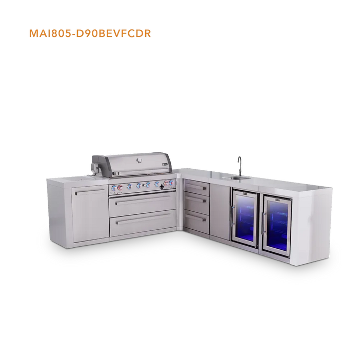 Mont Alpi Mont Alpi 6 Burner L-Shaped Deluxe Series Outdoor Kitchen Island with Beverage Center, Fridge Cabinet, and Extra Drawer Slides Cabinet MAi805-D90BEVFCDR Barbecue Finished - Gas