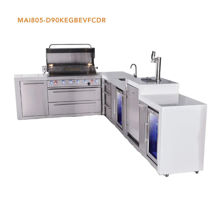 Mont Alpi Mont Alpi 6 Burner L-Shaped Deluxe Series Outdoor Kitchen Island with Beverage Center, Kegerator, and Corner Fridge Plus Exta Drawers Slide Cabinet MAi805-D90KEGBEVFCDR Barbecue Finished - Gas