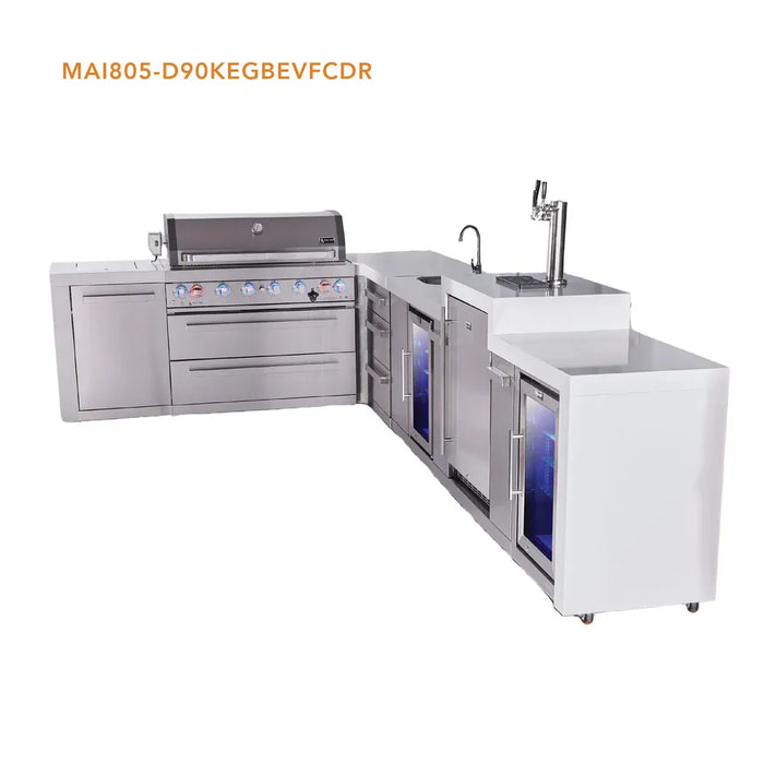 Mont Alpi Mont Alpi 6 Burner L-Shaped Deluxe Series Outdoor Kitchen Island with Beverage Center, Kegerator, and Corner Fridge Plus Exta Drawers Slide Cabinet MAi805-D90KEGBEVFCDR Barbecue Finished - Gas