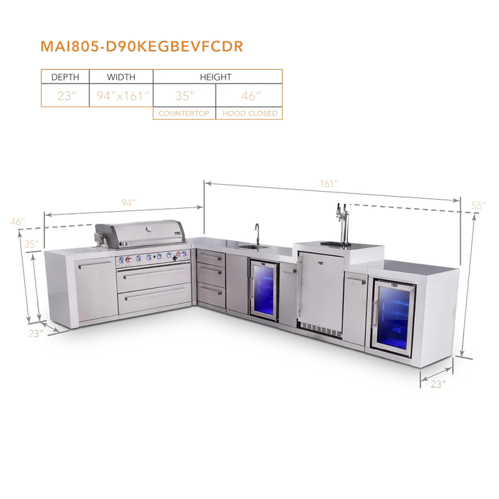 Mont Alpi Mont Alpi 6 Burner L-Shaped Deluxe Series Outdoor Kitchen Island with Beverage Center, Kegerator, and Corner Fridge Plus Exta Drawers Slide Cabinet MAi805-D90KEGBEVFCDR Barbecue Finished - Gas