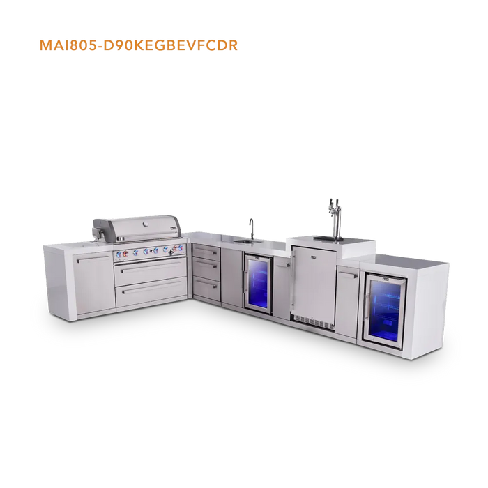 Mont Alpi Mont Alpi 6 Burner L-Shaped Deluxe Series Outdoor Kitchen Island with Beverage Center, Kegerator, and Corner Fridge Plus Exta Drawers Slide Cabinet MAi805-D90KEGBEVFCDR Barbecue Finished - Gas
