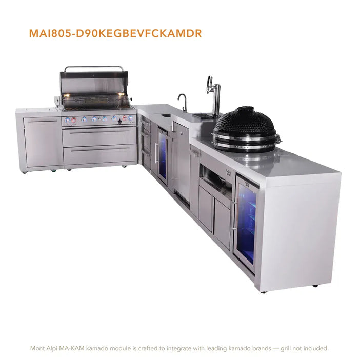 Mont Alpi Mont Alpi 6 Burner L-Shaped Deluxe Series Outdoor Kitchen Island with Beverage Center, Kegerator, Kamado and Corner Fridge Plus Exta Drawers Slide Cabinet MAi805-D90KEGBEVFCKAMDR Barbecue Finished - Gas