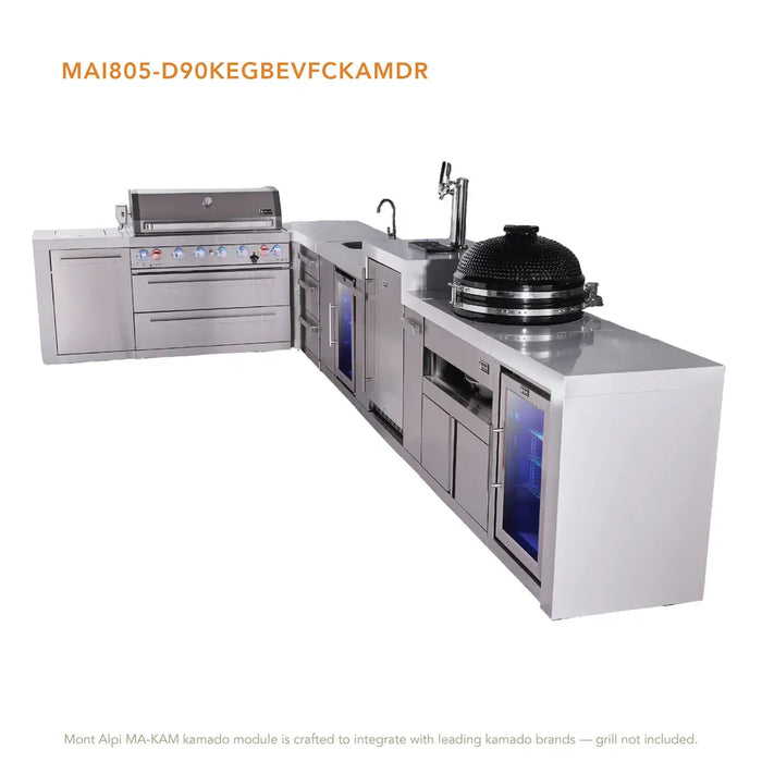 Mont Alpi Mont Alpi 6 Burner L-Shaped Deluxe Series Outdoor Kitchen Island with Beverage Center, Kegerator, Kamado and Corner Fridge Plus Exta Drawers Slide Cabinet MAi805-D90KEGBEVFCKAMDR Barbecue Finished - Gas