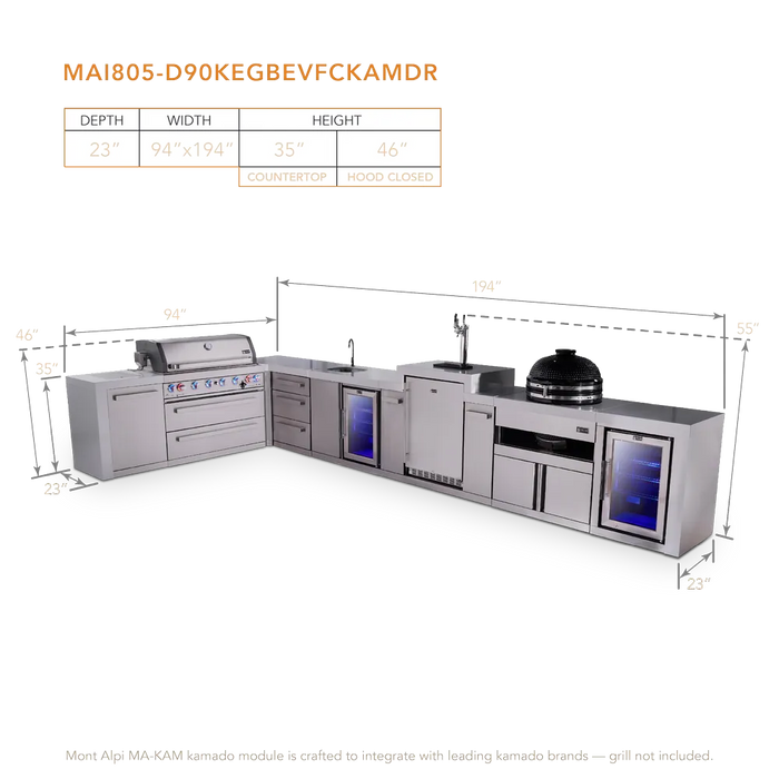 Mont Alpi Mont Alpi 6 Burner L-Shaped Deluxe Series Outdoor Kitchen Island with Beverage Center, Kegerator, Kamado and Corner Fridge Plus Exta Drawers Slide Cabinet MAi805-D90KEGBEVFCKAMDR Barbecue Finished - Gas