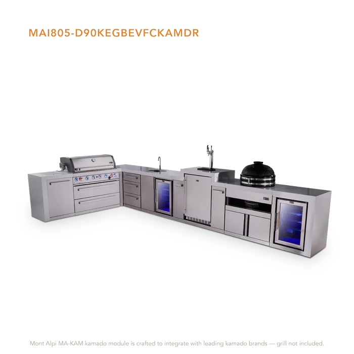 Mont Alpi Mont Alpi 6 Burner L-Shaped Deluxe Series Outdoor Kitchen Island with Beverage Center, Kegerator, Kamado and Corner Fridge Plus Exta Drawers Slide Cabinet MAi805-D90KEGBEVFCKAMDR Barbecue Finished - Gas