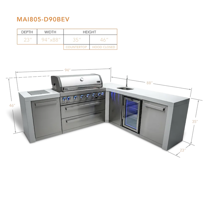 Mont Alpi Mont Alpi 6 Burner L-Shaped Deluxe Series Outdoor Kitchen Island with Beverage Center MAi805-D90BEV Barbecue Finished - Gas