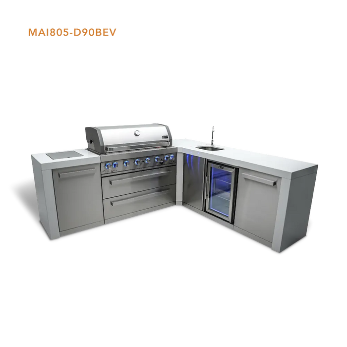 Mont Alpi Mont Alpi 6 Burner L-Shaped Deluxe Series Outdoor Kitchen Island with Beverage Center MAi805-D90BEV Barbecue Finished - Gas
