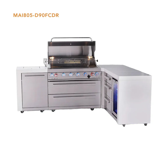 Mont Alpi Mont Alpi 6 Burner L-Shaped Deluxe Series Outdoor Kitchen Island with Corner Fridge and Extra Drawer Side Cabinet MAi805-D90FCDR Barbecue Finished - Gas