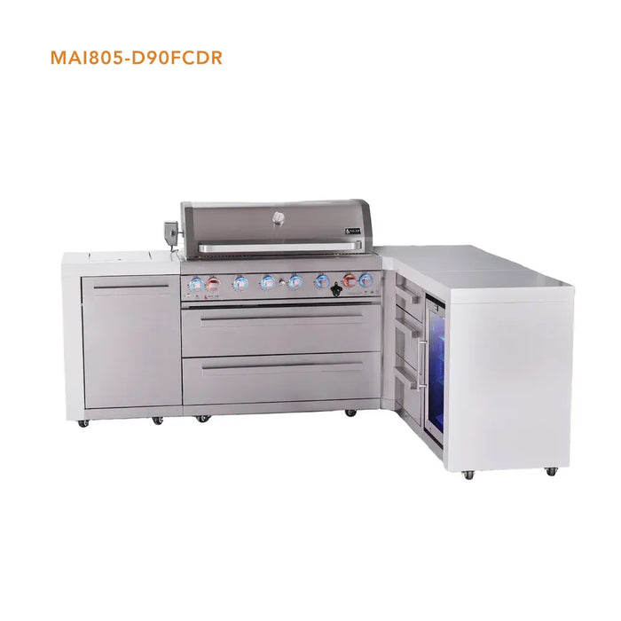 Mont Alpi Mont Alpi 6 Burner L-Shaped Deluxe Series Outdoor Kitchen Island with Corner Fridge and Extra Drawer Side Cabinet MAi805-D90FCDR Barbecue Finished - Gas