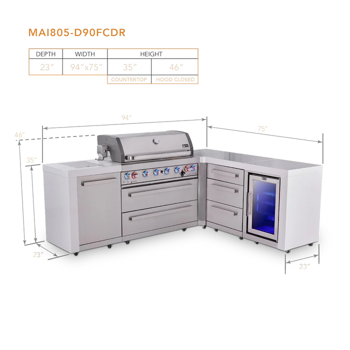 Mont Alpi Mont Alpi 6 Burner L-Shaped Deluxe Series Outdoor Kitchen Island with Corner Fridge and Extra Drawer Side Cabinet MAi805-D90FCDR Barbecue Finished - Gas