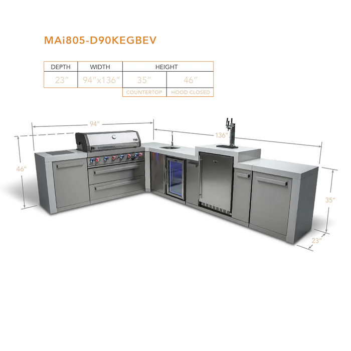 Mont Alpi Mont Alpi 6 Burner L-Shaped Deluxe Series Outdoor Kitchen Island with Kegerator and Beverage Center MAi805-D90KEGBEV Barbecue Finished - Gas