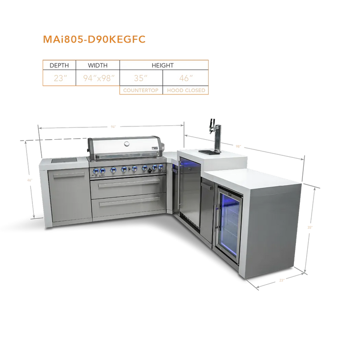 Mont Alpi Mont Alpi 6 Burner L-Shaped Deluxe Series Outdoor Kitchen Island with Kegerator and Fridge Cabinet MAi805-D90KEGFC Barbecue Finished - Gas