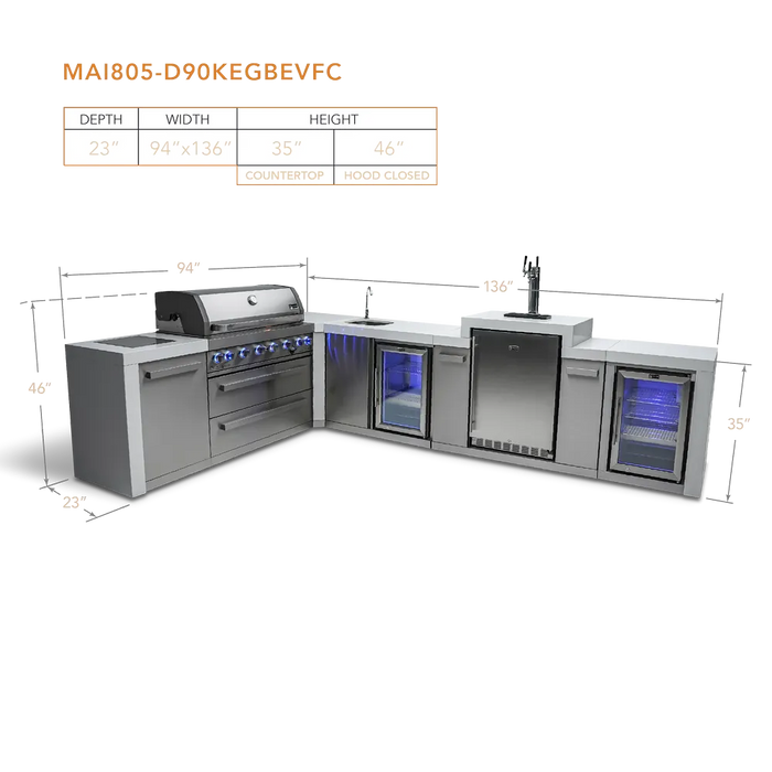Mont Alpi Mont Alpi 6 Burner L-Shaped Deluxe Series Outdoor Kitchen Island with Kegerator, Beverage Center and Fridge Cabinet MAi805-D90KEGBEVFC Barbecue Finished - Gas