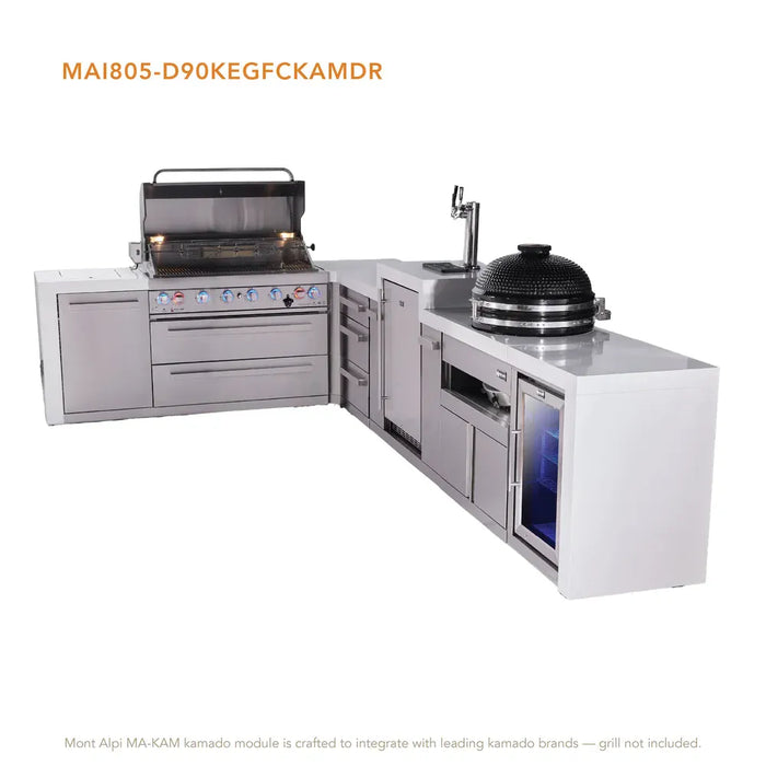 Mont Alpi Mont Alpi 6 Burner L-Shaped Deluxe Series Outdoor Kitchen Island with Kegerator, Kamado and Corner Fridge Plus Exta Drawers Slide Cabinet MAi805-D90KEGFCKAMDR Barbecue Finished - Gas