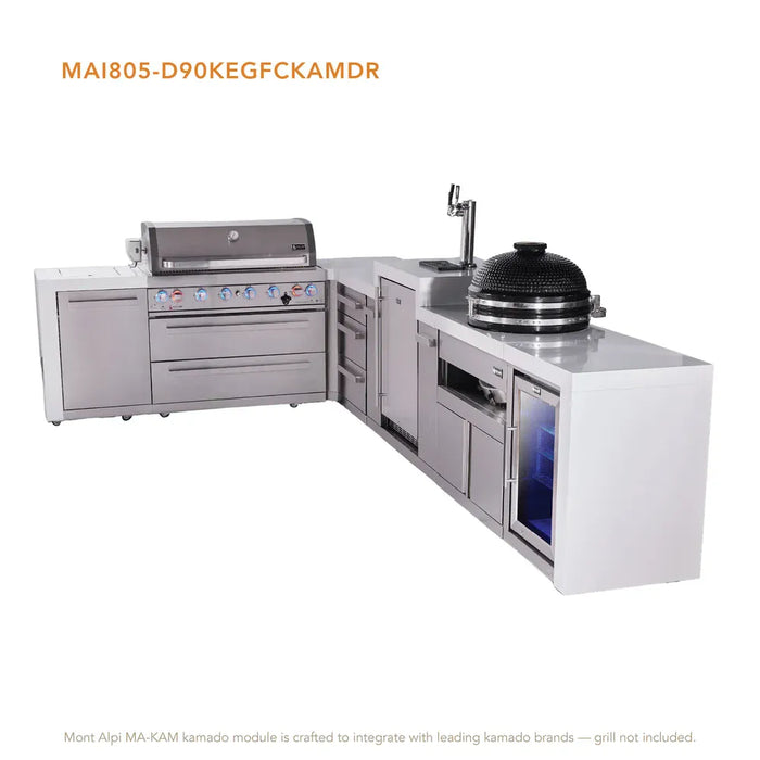 Mont Alpi Mont Alpi 6 Burner L-Shaped Deluxe Series Outdoor Kitchen Island with Kegerator, Kamado and Corner Fridge Plus Exta Drawers Slide Cabinet MAi805-D90KEGFCKAMDR Barbecue Finished - Gas