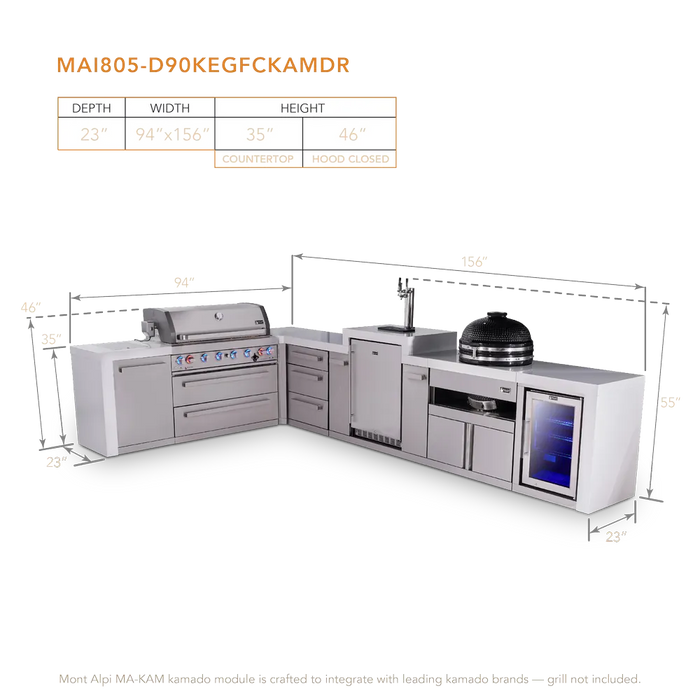 Mont Alpi Mont Alpi 6 Burner L-Shaped Deluxe Series Outdoor Kitchen Island with Kegerator, Kamado and Corner Fridge Plus Exta Drawers Slide Cabinet MAi805-D90KEGFCKAMDR Barbecue Finished - Gas