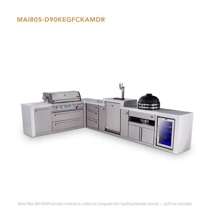 Mont Alpi Mont Alpi 6 Burner L-Shaped Deluxe Series Outdoor Kitchen Island with Kegerator, Kamado and Corner Fridge Plus Exta Drawers Slide Cabinet MAi805-D90KEGFCKAMDR Barbecue Finished - Gas