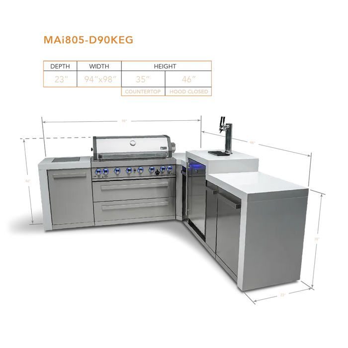 Mont Alpi Mont Alpi 6 Burner L-Shaped Deluxe Series Outdoor Kitchen Island with Kegerator MAi805-D90KEG Barbecue Finished - Gas