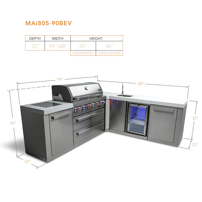 Mont Alpi Mont Alpi 6-Burner L-Shaped Outdoor Kitchen Island with Beverage Center MAi805-90BEV Barbecue Finished - Gas