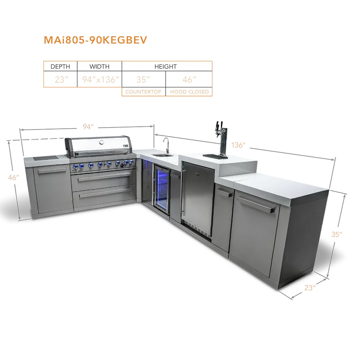 Mont Alpi Mont Alpi 6-Burner L-Shaped Outdoor Kitchen Island with Kegerator and Beverage Center MAi805-90KEGBEV Barbecue Finished - Gas