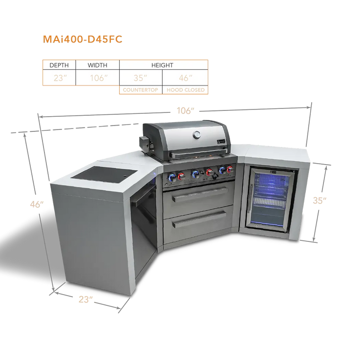 Northwinds Marketing Mont Alpi 4 Burner Deluxe Island with 45 Degree Corners and a Fridge Cabinet MAi400-D45FC Barbecue Finished - Gas