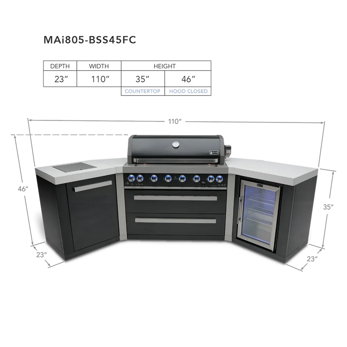 Northwinds Marketing Mont Alpi 805 Black Stainless Steel Island with 45 Degree Corners and a Fridge Cabinet MAi805-BSS45FC Barbecue Finished - Gas